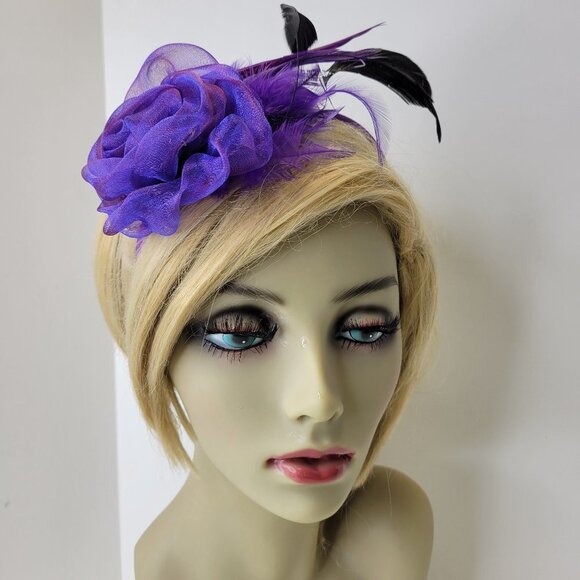 Purple Rose Flower Headband Fascinator Purple and Black Feathers Fascinator NEW - Picture 1 of 9
